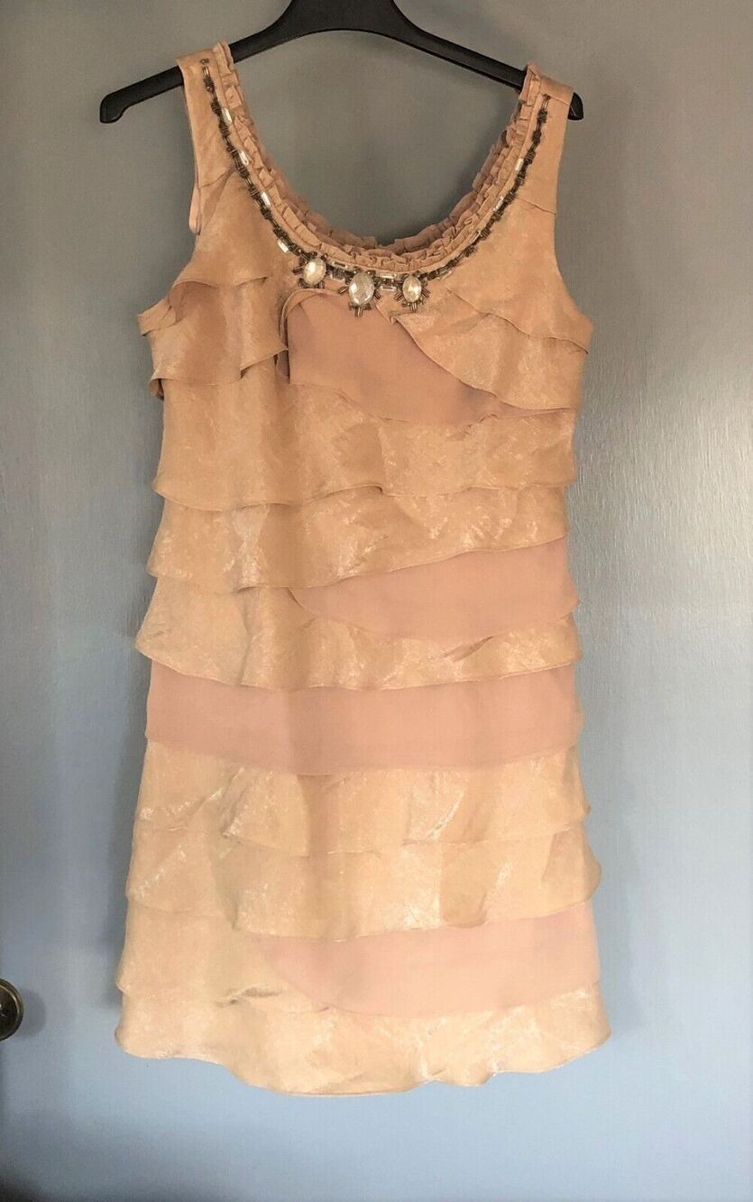 Ruffled Rhinetone Beaded Scoop Neck Sleeveless Retro Party Dress Sz 12 Side Zip